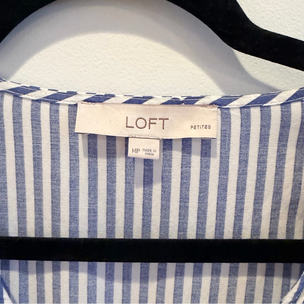 LOFT Striped Midi Dress Tie Puff Sleeve Blue Tan Minimalist Women's Dress MP - Picture 4 of 11
